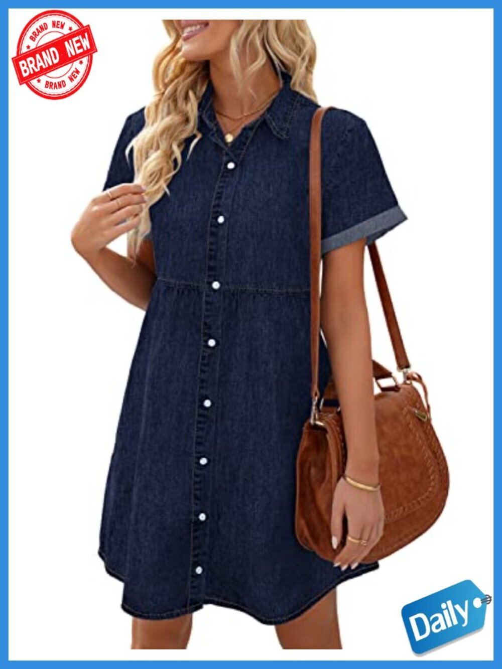 Short Sleeve Button Down Flowy Tiered Babydoll Denim Dress